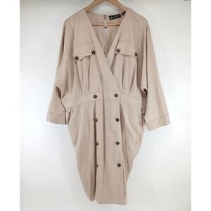 New York & Company Linen Blend Button Front Shirt Dress XXL Khaki Safari